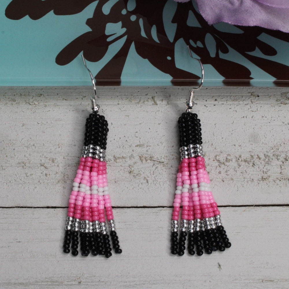 Handmade Pink Silver Black Seed Beaded Earrings Tassel Dangle Earrings 2.5” Long